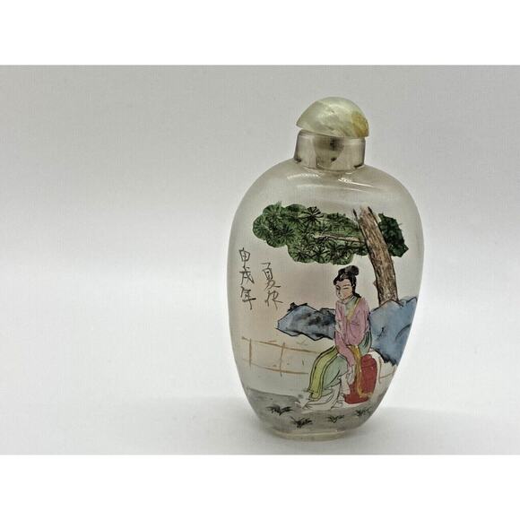 Vintage Chinese Snuff Bottle Painted Glass Woman in Landscape Scene with Trees - Picture 5 of 11